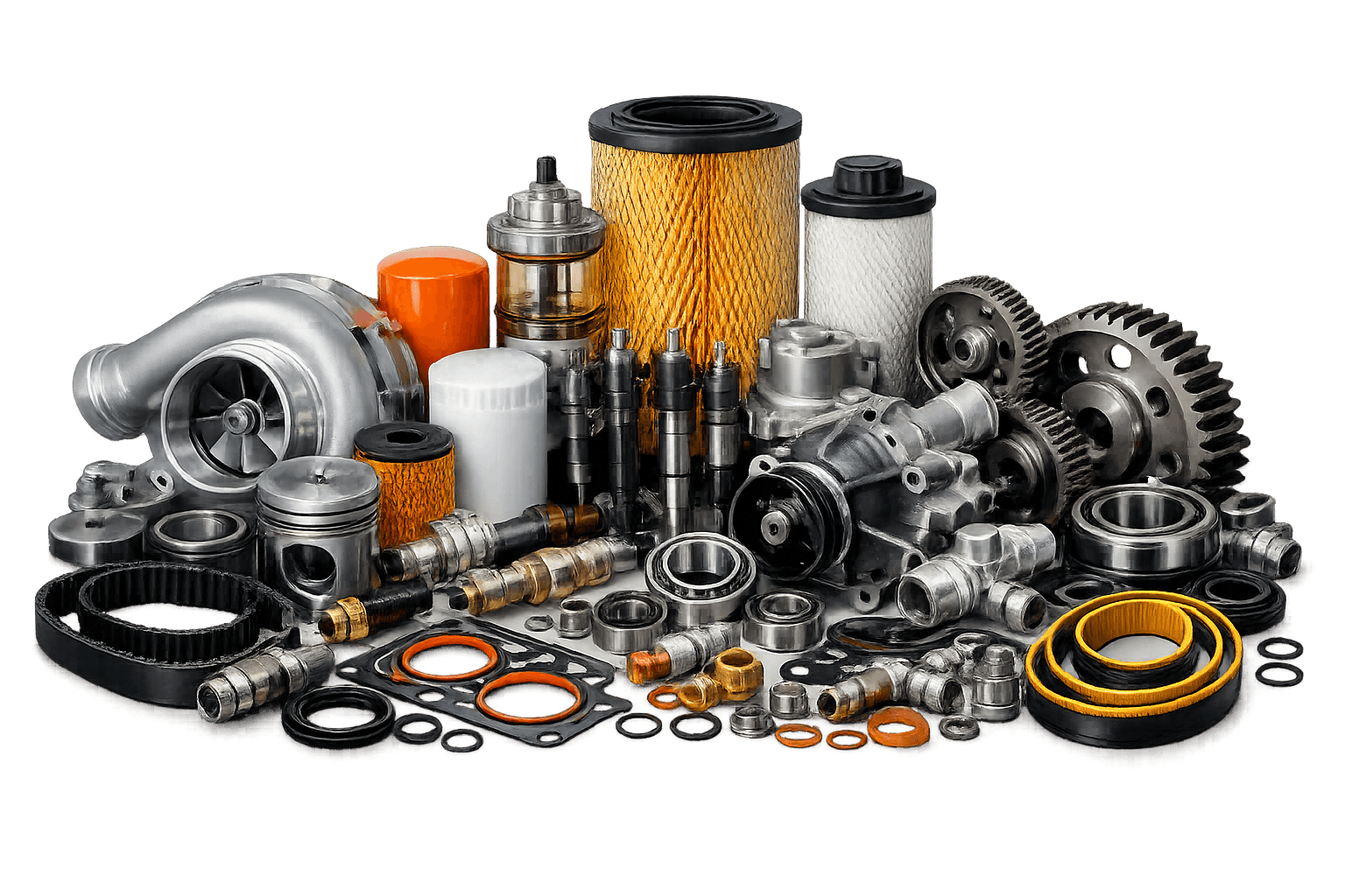Conjunto de peças originais de motor: turbo, filtros, injetores e engrenagens